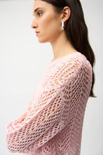 Load image into Gallery viewer, Woman wearing a pink sequin open knit sweater against a white background.
