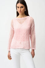 Load image into Gallery viewer, Woman wearing a pink sequin open knit sweater and white pants against a white background.

