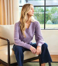 Load image into Gallery viewer, Woman sitting on a chair wearing a purple sequin sweater and blue jeans, looking out a window.
