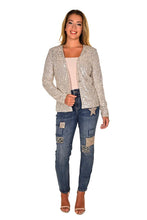 Load image into Gallery viewer, A versatile wardrobe essential, the Frank Lyman Denim 234146U boasts a sophisticated design with sequin patches, stars and cheetah patches. This classic denim silhouette is a must-have for any fashionista, providing the perfect blend of style and comfort for any occasion. Offering a fun, flirty look, the Frank Lyman Denim is sure to be a staple in any closet.  Color- Blue and silver. Five pockets. Zip and button closure. Front Patch Details. Silver sequins. Cheetah patches.
