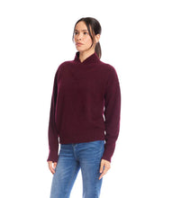 Load image into Gallery viewer, Woman wearing a burgundy sweater and blue jeans against a white background.
