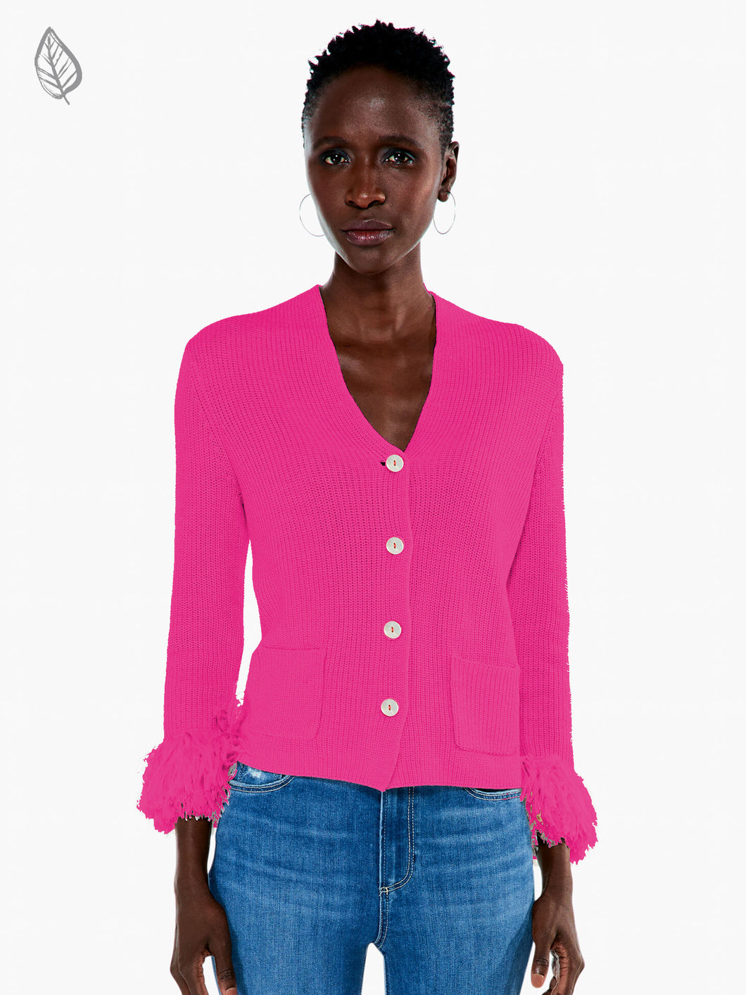 A timeless cardigan with a modern, romantic twist. Featuring intricate fringe detail on the sleeves, this cardigan is crafted of midweight knit fabric with a classic V-neckline and long sleeves with fringe cuffs. It has a regular fit and two patch pockets, finishing at the hip with a straight hemline. An elevated look that's anything but ordinary. Color- Shocking pink. Classic midweight knit fabrication. V-neckline. Long sleeves with fringe cuffs.  Regular fit. Front patch pockets.