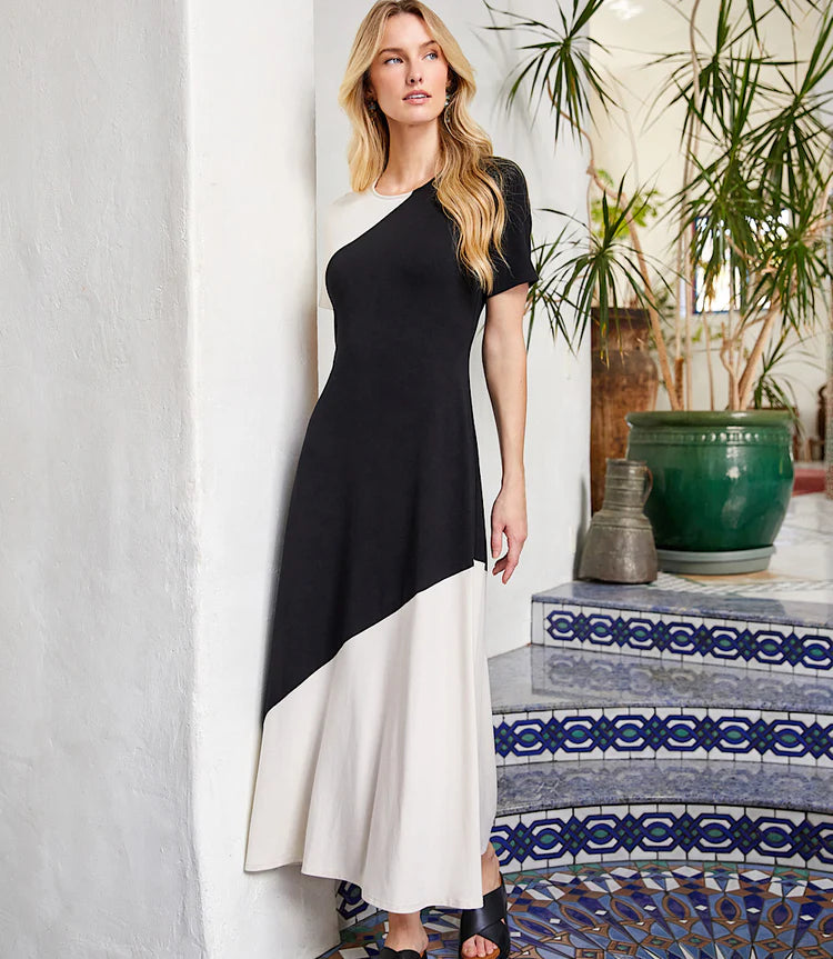 karen kane v neck maxi dress Karen Kane Short Sleeve Contrast Midi Dress - Ecru/ Black