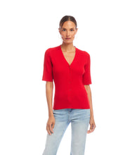 Load image into Gallery viewer, The Suzette Short Sleeve Ribbed Cardigan Sweater by Karen Kane is a versatile layering piece that blends cozy comfort with effortless style. Designed with a ribbed texture, short sleeves, and a V-neckline, this sweater offers a flattering, fitted silhouette that’s perfect for any occasion.
