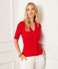 Load image into Gallery viewer, The Suzette Short Sleeve Ribbed Cardigan Sweater by Karen Kane is a versatile layering piece that blends cozy comfort with effortless style. Designed with a ribbed texture, short sleeves, and a V-neckline, this sweater offers a flattering, fitted silhouette that’s perfect for any occasion.

