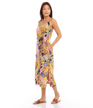 Load image into Gallery viewer, Experience a chic and comfortable look with this Taryn Tropical Flower Print Side Slit Dress from Karen Kane. The adjustable straps and midi length offer a customizable fit for a flattering silhouette, combining style and tropical vibes in one eye-catching piece. Color- Island flower print;  V-neckline. Adjustable straps. Side pockets.
