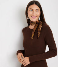 Load image into Gallery viewer, A woman wearing a brown ribbed long-sleeve sweater and a leopard-print neck scarf, standing against a plain light gray background.
