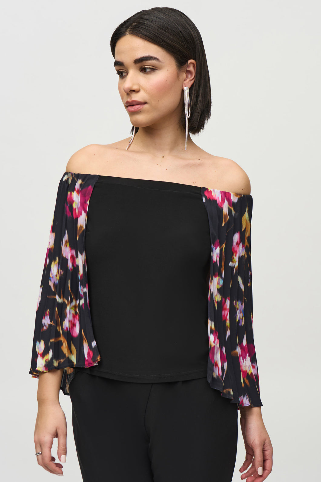 Solace Silky Knit Off the Shoulder Top with Pleated Georgette Cape - Joseph Ribkoff 244246