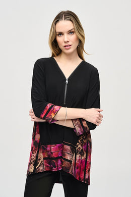 Experience ultimate comfort with this soft knit tunic featuring a stunning abstract striped burnout design. The high-low cut highlights the flared shape, while cuffed three-quarter sleeves add a polished touch. A zippered neckline adds a subtle yet eye-catching element, elevating the refined look of this tunic.