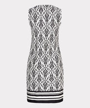 Load image into Gallery viewer, This bestselling EsQualo dress features a chic two-tone Ikat print in classic black and white, making it perfect for a variety of occasions. The beads on the neckline provide a polished finishing touch.
