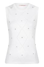 Load image into Gallery viewer, Our Salli Sleeveless Knit Sweater with Embellishments by EsQualo is a sophisticated sleeveless lightweight sweater featuring a delicate diamond pattern with subtle sparkle embellishments. This elegant knit top is designed for versatility, making it perfect for layering or wearing on its own.
