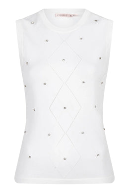 Our Salli Sleeveless Knit Sweater with Embellishments by EsQualo is a sophisticated sleeveless lightweight sweater featuring a delicate diamond pattern with subtle sparkle embellishments. This elegant knit top is designed for versatility, making it perfect for layering or wearing on its own.