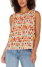 Load image into Gallery viewer, Fun and vibrant, the Liverpool Los Angeles Sleeveless Woven Top with Button Back in Watercolor Dots Multi is a must-have for effortless style. This lightweight, sleeveless blouse features a crew neck and functional button-back detail, adding a playful twist to your look. Crafted from premium cotton fabric, it offers a comfortable fit and breathable design, perfect for warm-weather styling. Pair it with denim jeans or tailored trousers for a chic, versatile outfit.
