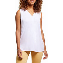Load image into Gallery viewer, The Tribal Stacy Sleeveless V-Neck Top is a stylish and versatile piece featuring a sleek pleated design in classic white. With its flattering V-neckline and longer length, this top offers a polished yet effortless look, perfect for both casual and professional settings.
