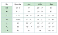 Load image into Gallery viewer, Size chart for clothing measurements with bust, waist, and hips dimensions.
