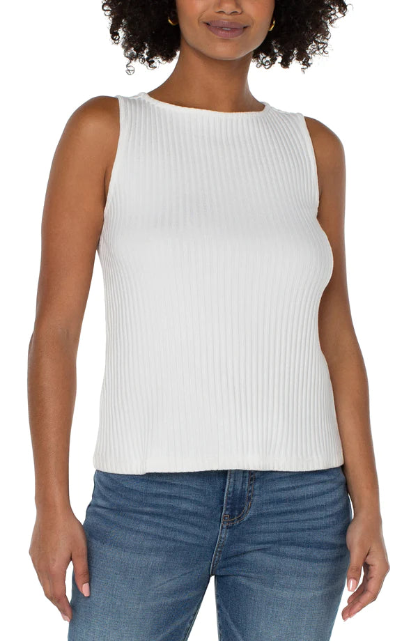 An elegant statement piece in a flattering boat neck. Featuring our large rib knit that is super comfortable and easy to wear.  Perfect for layering or on its own!   Color - Snow; white. Boat neckline. Large 2x2 rib knit. Sleeveless. 23-3/4