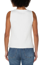 Load image into Gallery viewer, An elegant statement piece in a flattering boat neck. Featuring our large rib knit that is super comfortable and easy to wear.  Perfect for layering or on its own!   Color - Snow; white. Boat neckline. Large 2x2 rib knit. Sleeveless. 23-3/4&quot; HPS.
