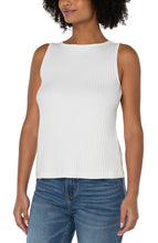 Load image into Gallery viewer, An elegant statement piece in a flattering boat neck. Featuring our large rib knit that is super comfortable and easy to wear.  Perfect for layering or on its own!   Color - Snow; white. Boat neckline. Large 2x2 rib knit. Sleeveless. 23-3/4&quot; HPS.
