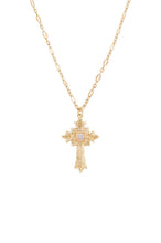 Load image into Gallery viewer, A sparkling gold cross pendant is enhanced with a moonstone gem set in the middle of the cross.  This perfect necklace needs a place in your jewelry box.  Color- Gold and moonstone. Moonstone gem. 22-inch length with a 2-inch extender. Pendant measures approximately 1 inch. 14 kt gold plate over brass.
