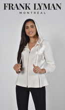 Load image into Gallery viewer, Crafted by the renowned Frank Lyman designer, this stylish jacket exudes sophistication and elegance, making it a versatile addition to any wardrobe. The stunning stone color is complemented by contrasting fabrics, featuring a sleek knit with satin panels. Adding an edgy touch, the hooded design is enhanced by gold zipper detailing for a brilliant contrast. Color- Stone. Hooded. Gold zipper closure.
