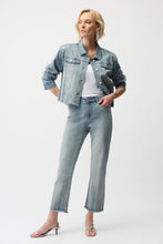 Load image into Gallery viewer, Woman wearing a denim jacket, sequin crop jeans and silver heels on a white background.
