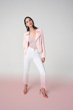 Load image into Gallery viewer, Woman wearing a light pink blazer, white pants, and high heels on a gradient background.
