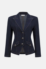 Load image into Gallery viewer, Indigo blue blazer with a collar and gold buttons against a white background.
