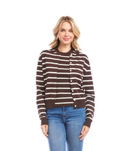 Load image into Gallery viewer, Woman wearing a brown and white striped cardigan and jeans against a white background.
