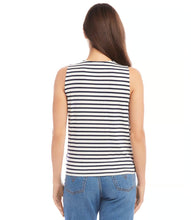 Load image into Gallery viewer, Ideal for the office, social events, or casual outings, this top embodies versatility. Its navy stripes provide a timeless appeal, and the faux wrap front design introduces a contemporary twist, offering a flattering and stylish silhouette. No need for an additional tank or cami underneath this fabulous top as there is a contrast insert added to create the appearance of an additional layer.
