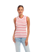 Load image into Gallery viewer, The Sheila Stripe Ribbed Tank by Karen Kane is a chic and versatile sleeveless top that blends timeless stripes with the cozy texture of ribbed knit fabric. Designed for comfort and style, it features a crew neckline, pull-on construction, and a fitted bust with a relaxed waist, ensuring a flattering silhouette.
