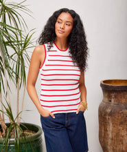 Load image into Gallery viewer, The Sheila Stripe Ribbed Tank by Karen Kane is a chic and versatile sleeveless top that blends timeless stripes with the cozy texture of ribbed knit fabric. Designed for comfort and style, it features a crew neckline, pull-on construction, and a fitted bust with a relaxed waist, ensuring a flattering silhouette.
