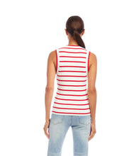 Load image into Gallery viewer, The Sheila Stripe Ribbed Tank by Karen Kane is a chic and versatile sleeveless top that blends timeless stripes with the cozy texture of ribbed knit fabric. Designed for comfort and style, it features a crew neckline, pull-on construction, and a fitted bust with a relaxed waist, ensuring a flattering silhouette.
