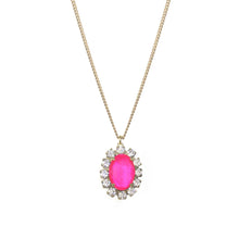 Load image into Gallery viewer, Glamorize your ensemble with the Suki Necklace! Made with premium crystals and antique gold plating on a brass base metal, it will be the highlight of any ensemble. A perfect jewelry piece to wear alone or layer with your other favorite pieces.  Color- Pink, clear and gold. Pink crystal. Clear crystals. Antique gold plating over brass metal. Length -16&quot; chain with a 2&quot; extension.
