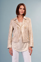 Load image into Gallery viewer, Introduce a touch of glamour with this stunning metallic gold vegan leather moto jacket adorned with golden buttons and zippers. A timeless and versatile addition to your wardrobe, this statement piece is built to withstand the test of time. Color - Sun clouds; gold metallic. Vegan leather with metallic finish. Gold hardware. Hook and eye closure. Zipper trim.
