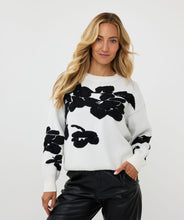 Load image into Gallery viewer, Receive compliments when you style this gorgeous EsQualo sweater with 3D flowers in a classic black and off-white color. Crafted from a blend of viscose, nylon, and polyester, this sweater not only offers a luxurious feel but also ensures durability and breathability. The intricate 3D flower embellishments add a unique touch, making it a standout piece in any wardrobe. Perfect for layering over jeans or pairing with a skirt for a sophisticated look.
