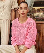 Load image into Gallery viewer, Woman wearing a pink knitted sweater with design sitting indoors with wooden furniture in the background.
