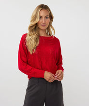 Load image into Gallery viewer, This elegant EsQualo Sweater in a stunning shade of red features a classic boat neck, a unique bat sleeve, and a beautiful open-knit design, all adorned with delicate lurex details for a subtle yet glamorous touch of sparkle. Elevate any outfit with this chic and versatile piece.
