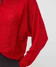 Load image into Gallery viewer, This elegant EsQualo Sweater in a stunning shade of red features a classic boat neck, a unique bat sleeve, and a beautiful open-knit design, all adorned with delicate lurex details for a subtle yet glamorous touch of sparkle. Elevate any outfit with this chic and versatile piece.
