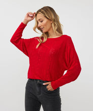 Load image into Gallery viewer, This elegant EsQualo Sweater in a stunning shade of red features a classic boat neck, a unique bat sleeve, and a beautiful open-knit design, all adorned with delicate lurex details for a subtle yet glamorous touch of sparkle. Elevate any outfit with this chic and versatile piece.
