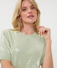 Load image into Gallery viewer, Woman wearing a light green sequin top against a white background.
