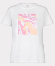 Load image into Gallery viewer, White t-shirt with pink and orange abstract design on a white background.
