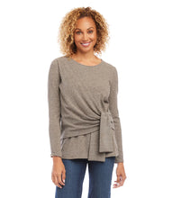 Load image into Gallery viewer, This top stands out from the rest with a drape front detail designed to flatter the waist. Constructed from a soft, brushed-knit material, it can be dressed up or worn casually. A beautiful heathered taupe hue ensures effortless style coordination with many of your wardrobe staples.  Color- Heathered taupe. Long sleeve. Crew neck. Pull over. Fabric -81% Polyester. 16% Rayon. 3% Spandex.
