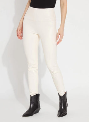 These Vegan Leather leggings are made from stretchy Textured Faux Leather, boasting a body hugging fit and a concealed signature waistband that offers a smooth, flattering silhouette. In a versatile off-white hue known as chalk, they complement a wide array of your preferred tops beautifully.