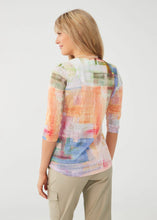 Load image into Gallery viewer, This beautiful top captures the essence of a stunning sunrise through its vibrant color display. The Paulina is a lightweight three-quarter sleeve knit top featuring a notched v-neckline and a curved hemline.
