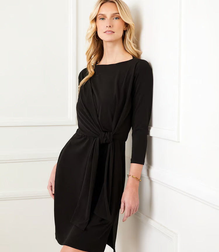 blue dress for baby girl Tiara Three Quarter Sleeve Tie Waist Travel Dress in Black- Karen Kane  2L51500
