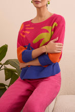 Load image into Gallery viewer, The Tribal Teya Three-Quarter Sleeve Crochet Sweater in Very Berry is the perfect blend of cozy comfort and effortless style. With its delicate crochet detailing and vibrant berry hue and pops of eye-catching color, this sweater is designed to make a statement while keeping you feeling fabulous. Pair it with jeans or shorts for a casual day out or layer it over a dress for a sophisticated touch.
