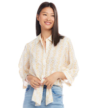 Load image into Gallery viewer, Add a touch of romantic allure to your wardrobe with this feminine and contemporary Daisy Tie-Front Top. The intricate eyelet pattern and unique tie-front feature add charm while the buttoned placket offers versatility and elegance. Customize the fit to your liking for a truly stylish look.
