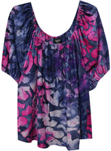 Load image into Gallery viewer, The Karen Kane Berry and Navy-Blue Tie Dye Shirt showcases a bold, vibrant color palette with a textured finish, adding depth and dimension to its stylish design.&nbsp;It features a relaxed fit, shirttail hemline, and pullover construction, making it a stylish and comfortable choice. The fabric blend includes polyester, rayon, and spandex, ensuring a soft and stretchy feel. This top is a versatile wardrobe staple, perfect for pairing with jeans, skirts or tailored pants.

