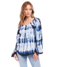 Load image into Gallery viewer, Feminine and modern, this tie-dye watercolor print on this woven top is striking in colors. Our romantic Thea top is detailed with statement-making blouson sleeves. This beautiful top really pops when paired with white bottoms. Color - Tie dye; blue and white. Blouson sleeve. Scoop neck. Unique dye treatment used. Colors and design may vary. Fabric - 100% Rayon.
