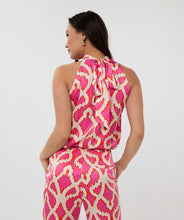 Load image into Gallery viewer, The EsQualo Tirsa Top Halter Disco Spark is a dazzling statement piece designed for effortless elegance and modern flair. Featuring a halter neckline and a vibrant print, this top offers a chic and sophisticated silhouette, perfect for both casual and dressy occasions. Pairs effortlessly with tailored pants, skirts, or denim for a stylish look.
